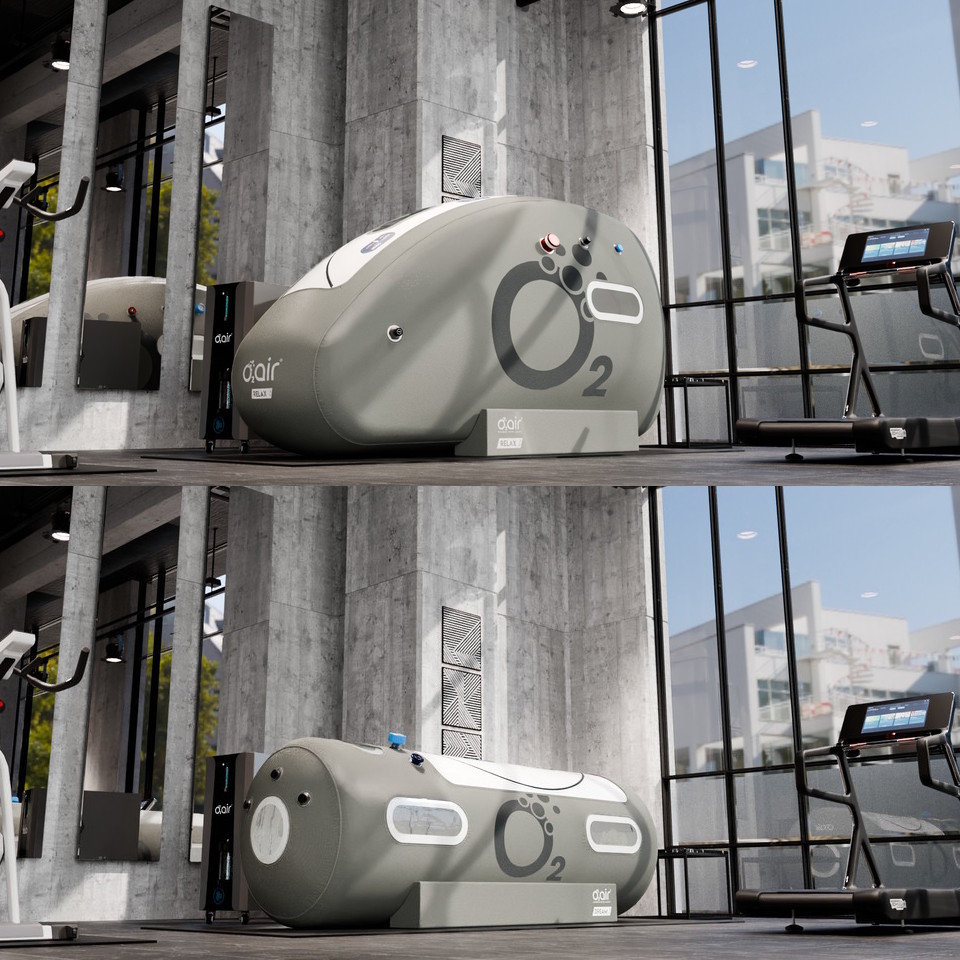 o2air® Dream 60/90 und Relax 60/90 nebeneinander – HBOT-Systeme mit PressureFlow® Control, geeignet für professionelle Anwendungen und Privathaushalte.